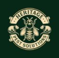 Heritage Pest Solutions logo featuring a central wasp, flanked by two rats, within a circular badge on a green background, with the text 'Heritage Pest Solutions' in a vintage font.